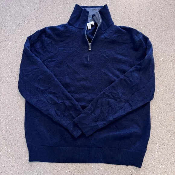 Gap Sweater Mens Large 100% Extra Fine Merino Wool Navy Blue 1/4 Zip Long Sleeve - Picture 1 of 9